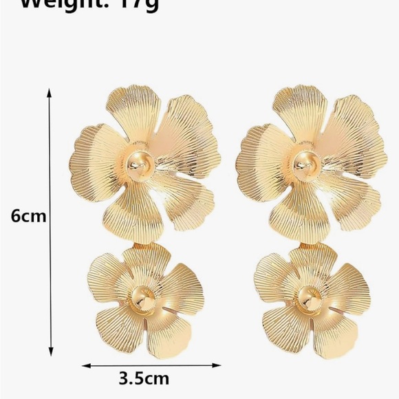 Double Flower Gold Drop Eearrings - Picture 10 of 17